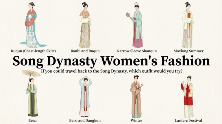 An educational chart titled "Song Dynasty Women's Fashion" displaying eight illustrations of women wearing different traditional outfits, including the "Ruqun," "Banbi," "Beizi," and specific seasonal attire like "Moxiong Summer" and "Winter" wear.
