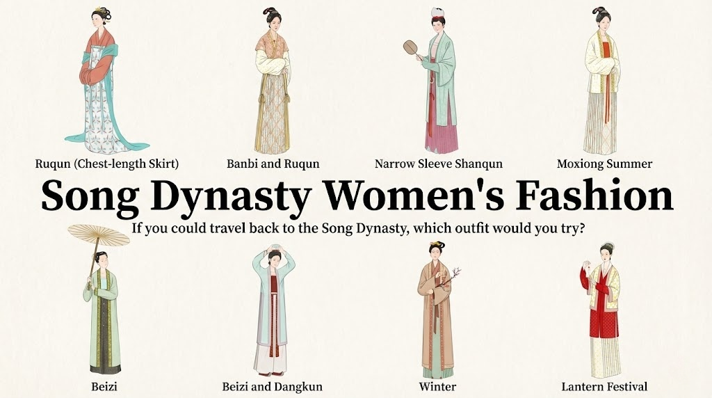 An educational chart titled "Song Dynasty Women's Fashion" displaying eight illustrations of women wearing different traditional outfits, including the "Ruqun," "Banbi," "Beizi," and specific seasonal attire like "Moxiong Summer" and "Winter" wear.