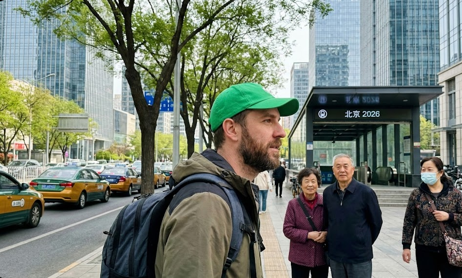 A male tourist with a backpack stands on a Beijing street wearing a bright green baseball cap, illustrating a specific cultural clothing taboo regarding headwear color in China.