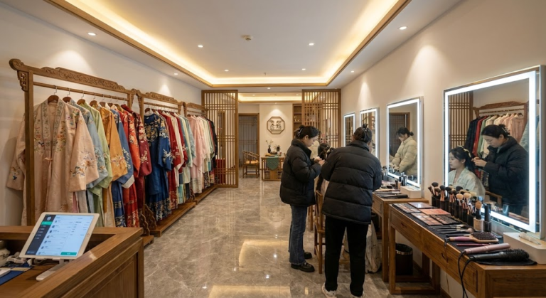 High-end Hanfu rental shop interior in Beijing displaying Ming Dynasty robes.