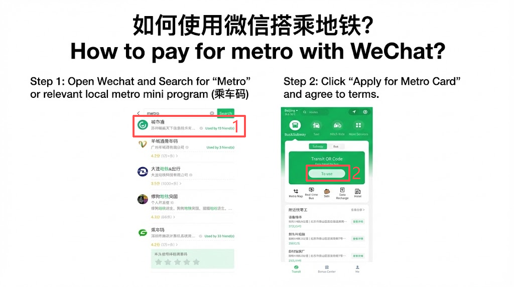 An instructional slide titled "How to pay for metro with WeChat?" detailing Step 1: searching for the "Metro" mini-program and Step 2: clicking "To use" to apply for a digital transit QR code.