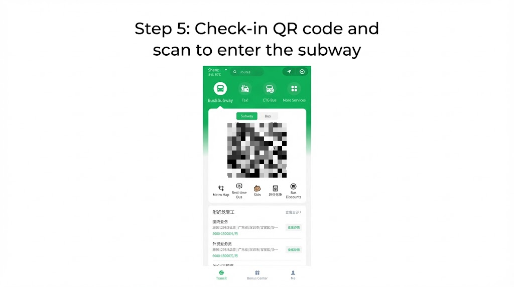 An instructional slide showing Step 5 of the WeChat metro process, displaying a live transit QR code ready to be scanned at a subway turnstile for entry.