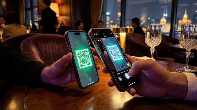 A close-up view of two hands holding smartphones, with one device scanning the green WeChat QR code displayed on the other, facilitating a contact exchange against the backdrop of the Shanghai skyline at night.
