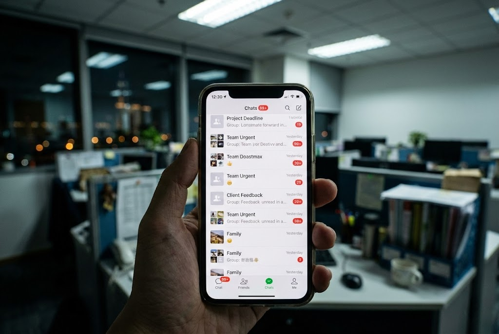 A first-person perspective of a hand holding a smartphone in a dimly lit office, displaying a WeChat interface cluttered with red unread notification badges from intense work groups like "Project Deadline" and "Team Urgent."