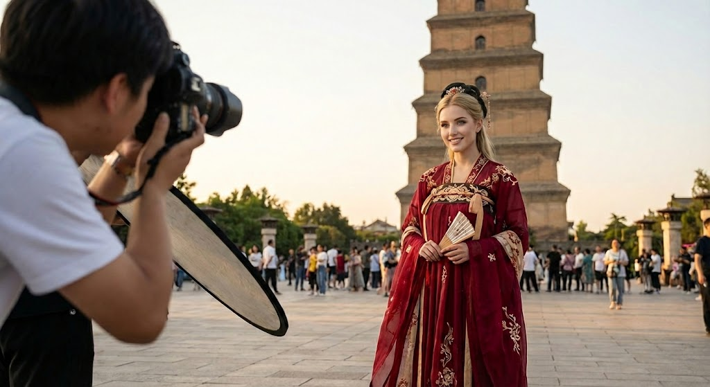 A blonde international traveler dressed in a traditional crimson and gold Qixiong Ruqun Hanfu holds a fan and poses for a professional photographer in front of the historic Giant Wild Goose Pagoda in Xi'an.