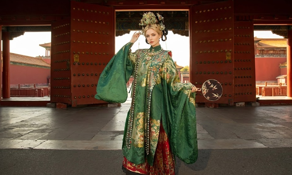 A blonde international traveler dressed in a luxurious green and gold Ming Dynasty-style ceremonial robe and an elaborate golden phoenix headdress poses regally with a round fan in front of the massive red gates of the Forbidden City.