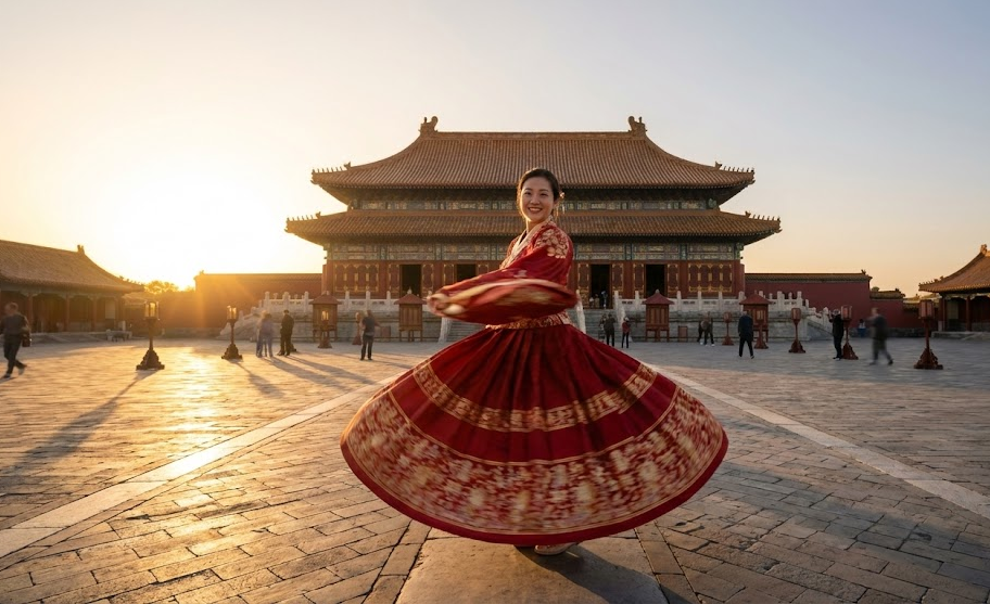 Woman spinning in Mamianqun skirt at Temple of Heaven Beijing 2026.