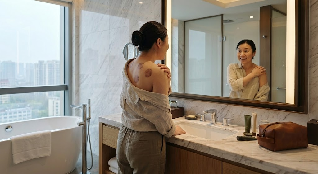 A woman in a bright, modern bathroom looks into a large mirror while pulling her shirt aside to examine several circular, dark red cupping marks on her upper back and shoulder.