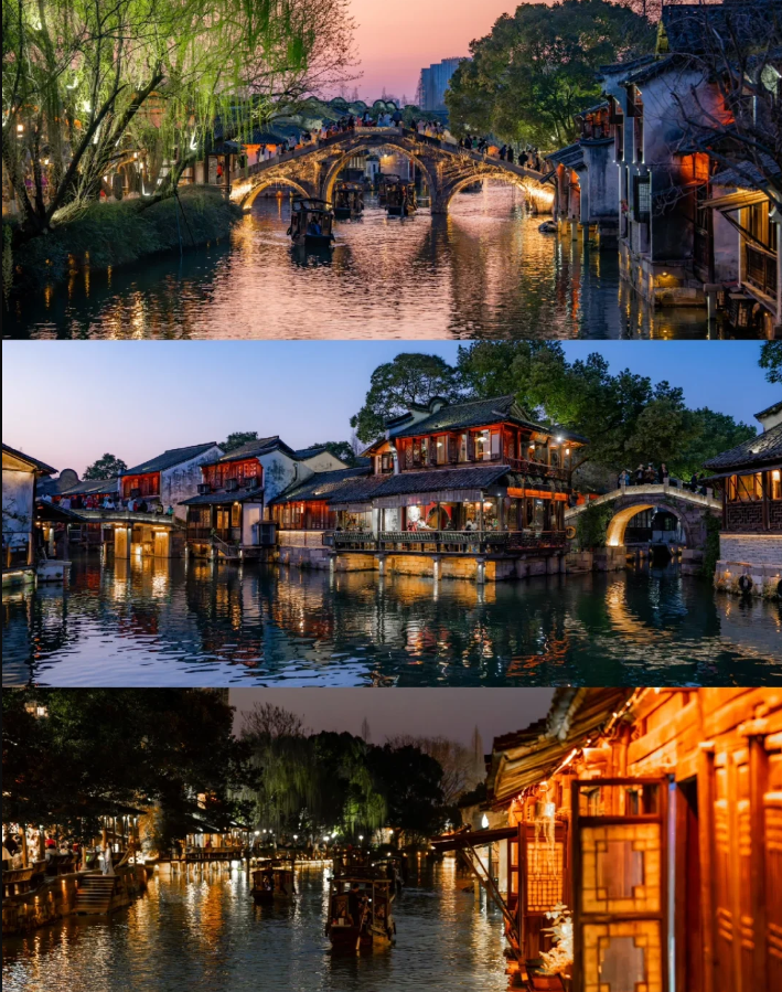 A vertical collage showing three enchanting night views of Wuzhen Water Town, featuring illuminated ancient stone arch bridges crowded with visitors, traditional wooden pavilions casting warm reflections onto the canal, and small boats navigating the waterways under the glow of lanterns.