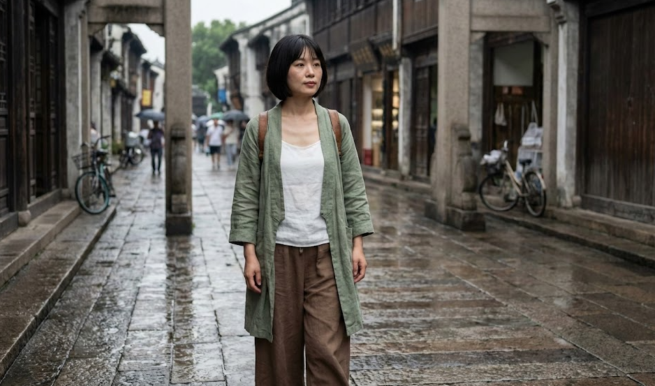 Woman wearing modern Song-style Hanfu Beizi jacket in Hangzhou street fashion 2026. 