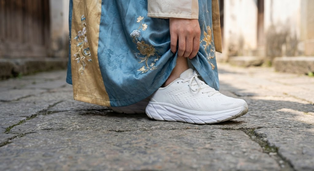 Wearing sneakers under Hanfu dress for comfort 2026.