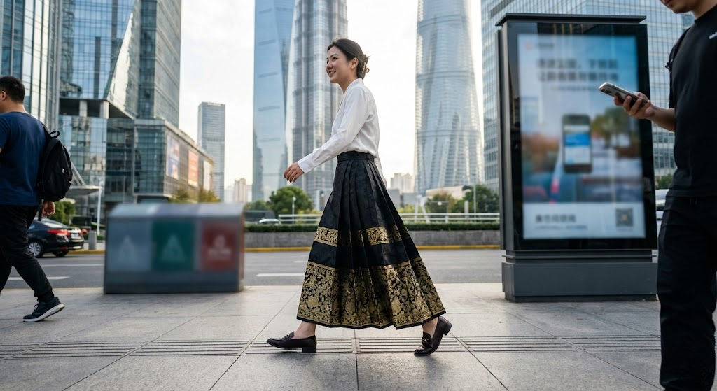 Modern woman in Shanghai 2026 wearing black and gold Mamianqun skirt, blended with office fashion.