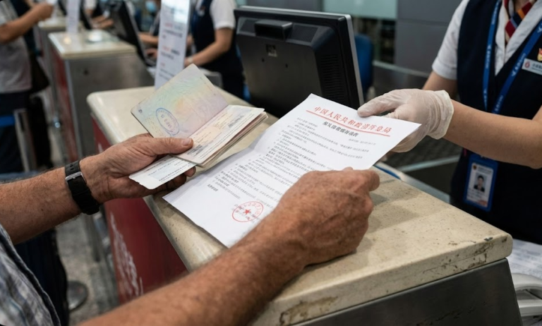 Traveler presenting printed China visa waiver rules at airport check-in 2026.