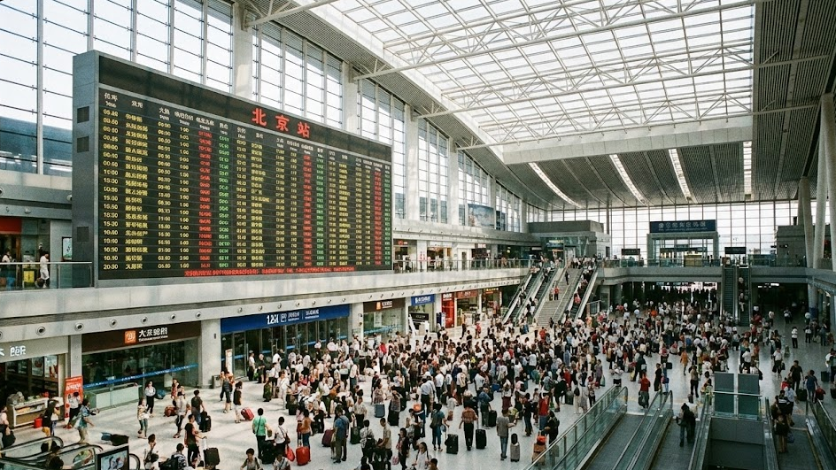 Busy departure hall at a Chinese high-speed train station during First-Time China Travel 2026. 