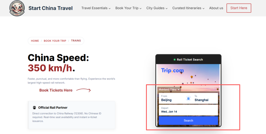 Trip.com China train search interface showing Beijing to Shanghai route selection.