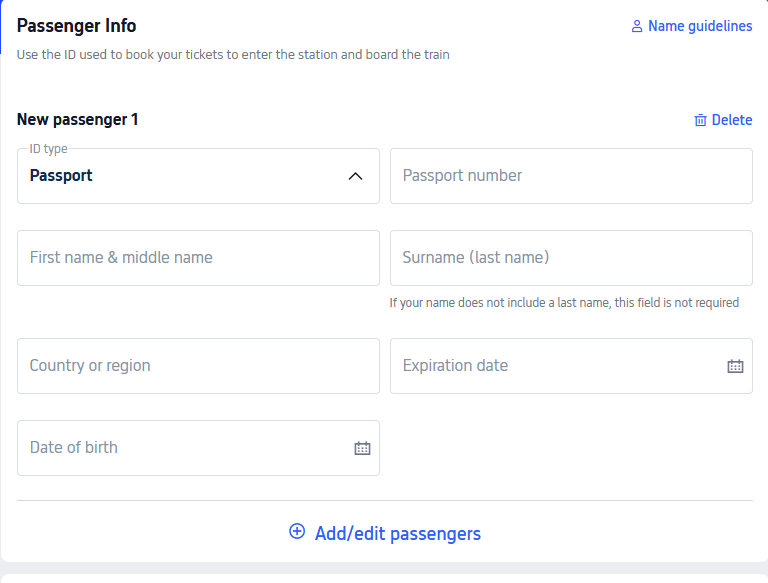 Entering passport number and full name for China railway ID verification.
