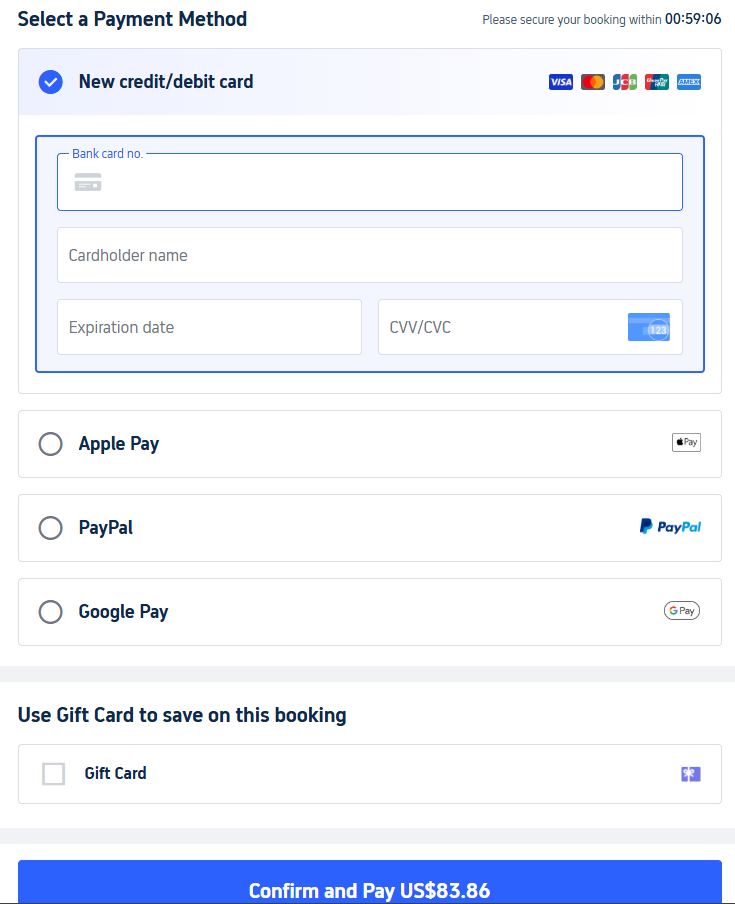 Finalizing China train ticket payment with International Visa or Mastercard.