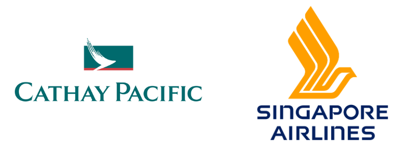 Side-by-side comparison of Cathay Pacific and Singapore Airlines logos for flights to Asia.