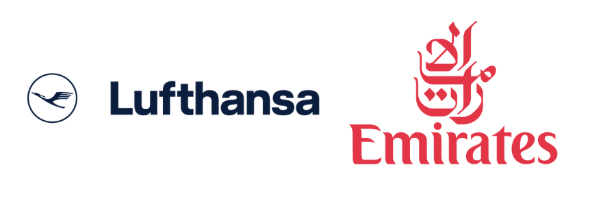 Comparison of Lufthansa and Emirates airline logos for flights from Europe to China.