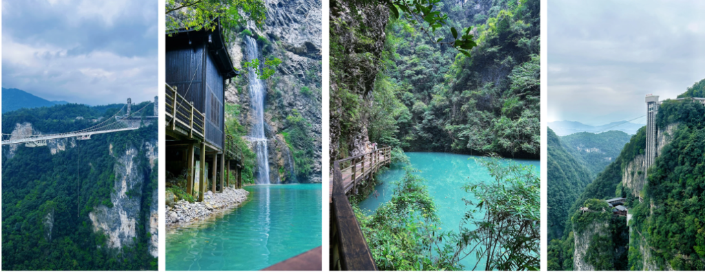 A collage of four photos from Zhangjiajie Grand Canyon, China, showing the world-famous glass bridge, a tall cliffside elevator, a cascading waterfall by a turquoise lake, and a wooden boardwalk along a river.