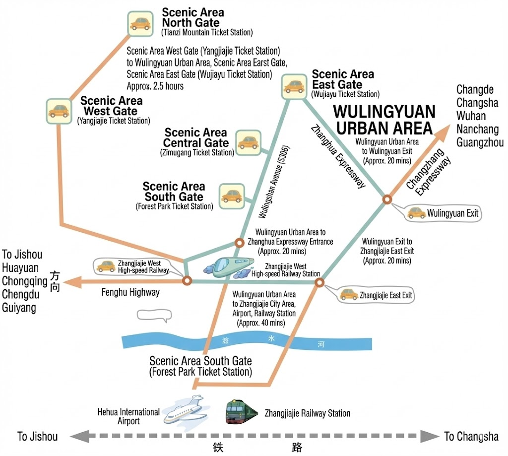 3D map showing Wulingyuan East Gate and South Gate with distances in Zhangjiajie National Forest Park, 2026.
