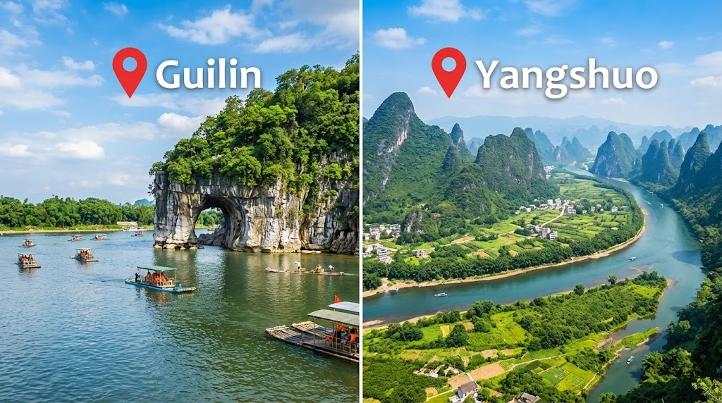 A split-screen travel comparison image. The left side features Guilin's iconic Elephant Trunk Hill with bamboo rafts on the water. The right side shows a panoramic aerial view of the winding Li River and lush green karst mountains in Yangshuo.