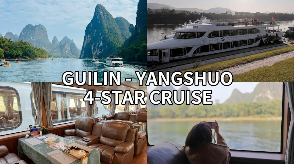 A four-panel collage detailing the 4-star Li River cruise experience from Guilin to Yangshuo. The images show the cruise ship navigating karst mountains, the vessel's white exterior docked at the pier, the luxury interior with leather armchairs and tea sets, and a passenger admiring the scenery through large windows.