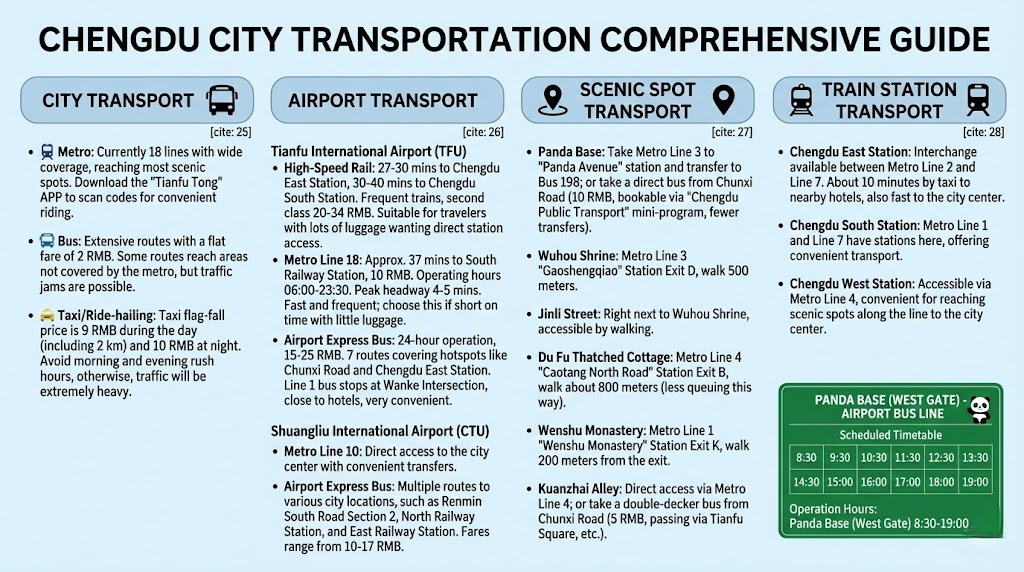 Alt Text
A comprehensive Chengdu City Transportation Guide infographic. The chart details City Transport options (Metro, Bus, Taxi), Airport Transport for Tianfu (TFU) and Shuangliu (CTU) airports, Scenic Spot directions to the Panda Base and Wuhou Shrine, and transfer information for Chengdu East, South, and West Train Stations.