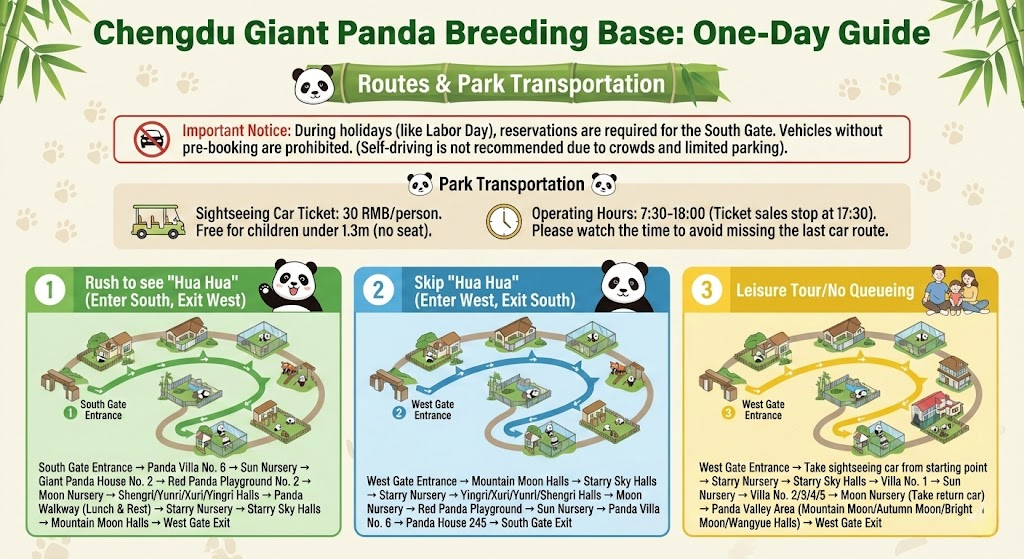 A map showing three recommended walking routes for the Chengdu Giant Panda Base. It contrasts the "Rush for Hua Hua" route starting at the South Gate against the quieter "Leisure Tour" starting at the West Gate, including sightseeing car stops.