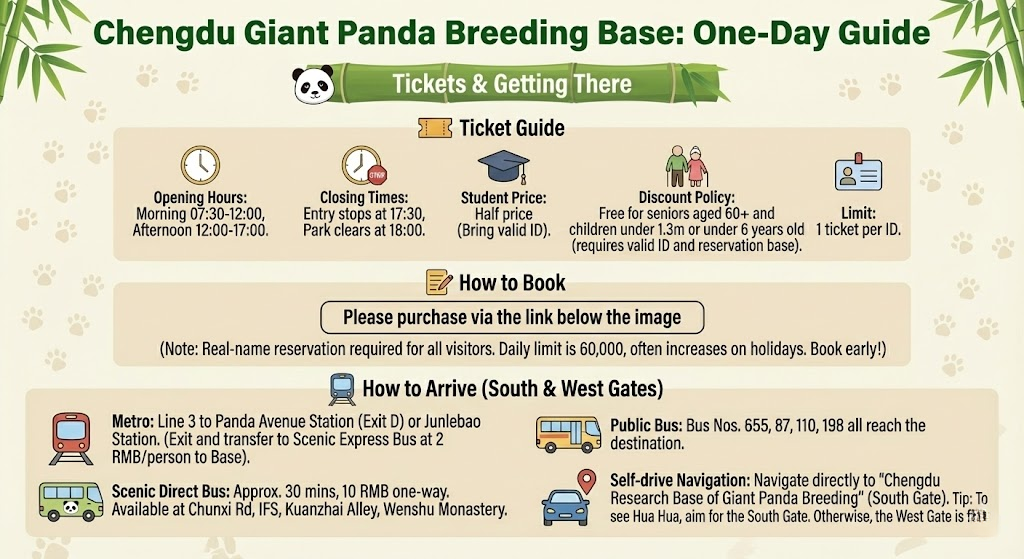 A transportation and ticket guide for the Chengdu Panda Base. The chart details opening hours (07:30-18:00), subway directions using Metro Line 3, student and senior discount policies, and self-driving tips for the South and West Gates.