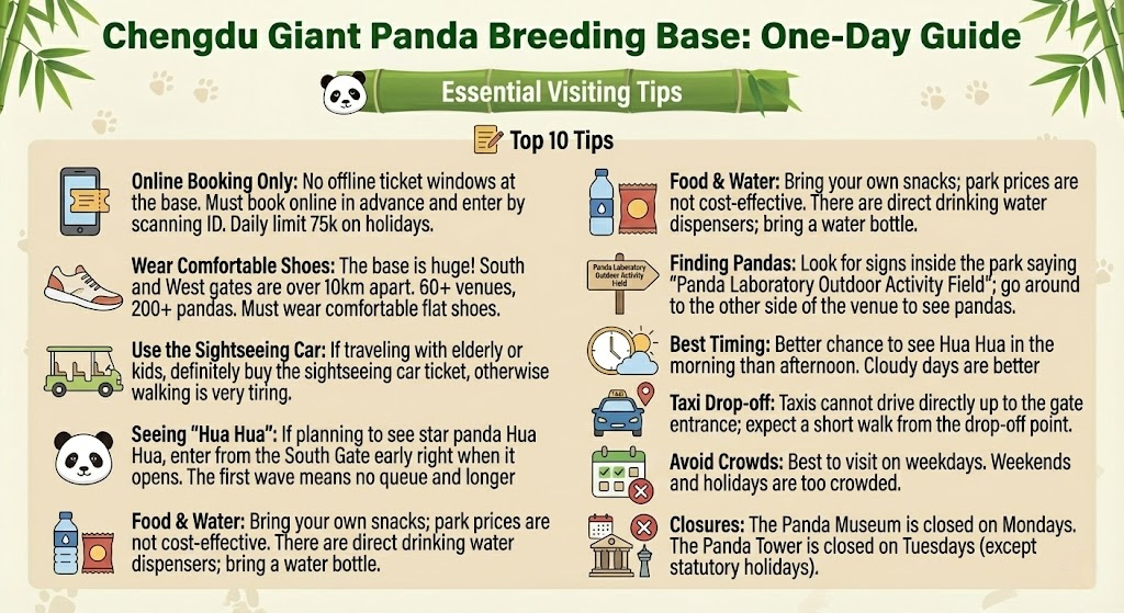 An infographic listing 10 essential travel tips for the Chengdu Giant Panda Breeding Base. The guide covers online booking rules, advice on wearing comfortable shoes, using the sightseeing car, the best time to see the famous panda "Hua Hua," and what to bring for the trip.