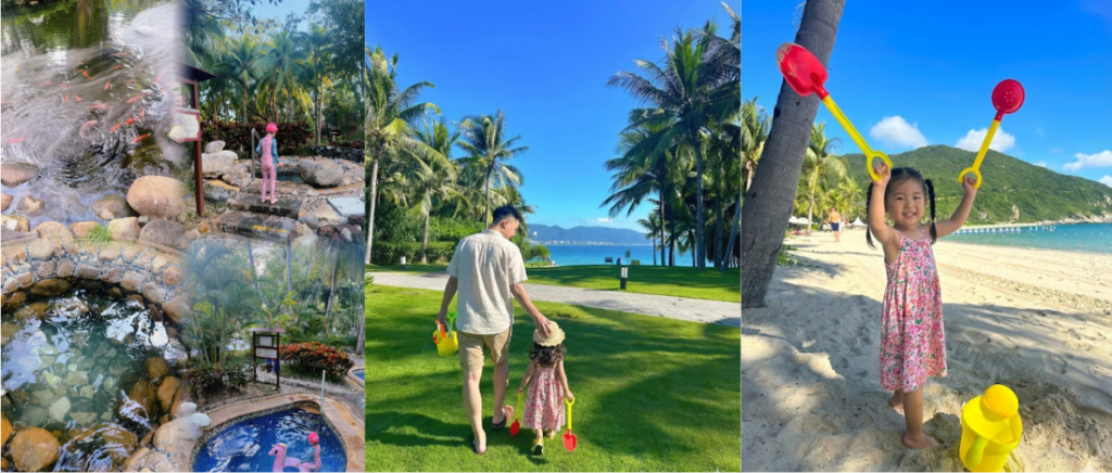 A three-panel collage of a family beach vacation in Sanya. Left: A child exploring a thermal hot spring pool with fish therapy. Center: A father and daughter walking on a green lawn towards a tropical beach lined with palm trees. Right: A happy little girl playing with yellow and red sand shovels on the white sand.