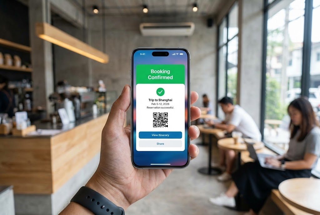 A close-up, over-the-shoulder view of a hand holding an iPhone 16 Pro. The smartphone screen displays a modern travel app interface with a prominent green "Booking Confirmed" notification. The background is a gently blurred modern coffee shop interior.