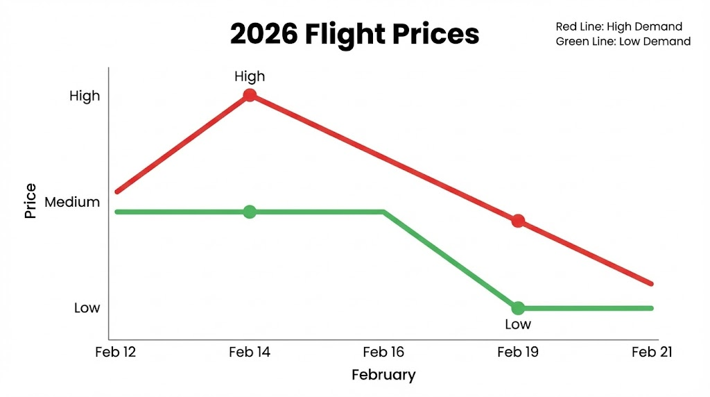 A vector line graph illustrating 2026 flight price trends on a white background. A red line indicates a sharp price peak on February 14, while a green line highlights a significant price drop by February 19. The chart is labeled "2026 Flight Prices.