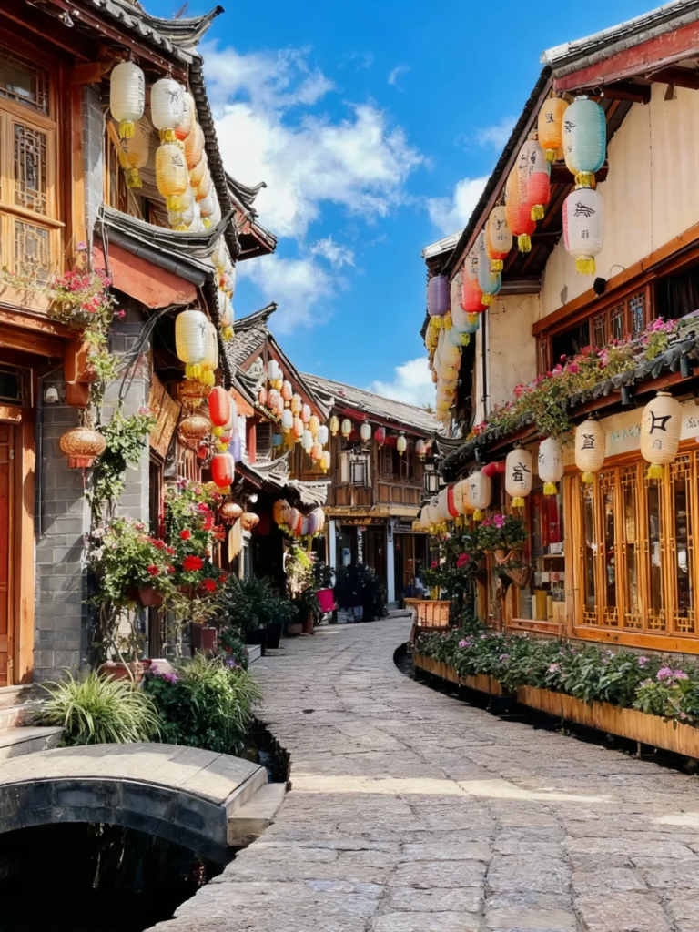 Dali Old Town street view showing flat roads compared to Lijiang Old Town vs Dali Old Town terrain