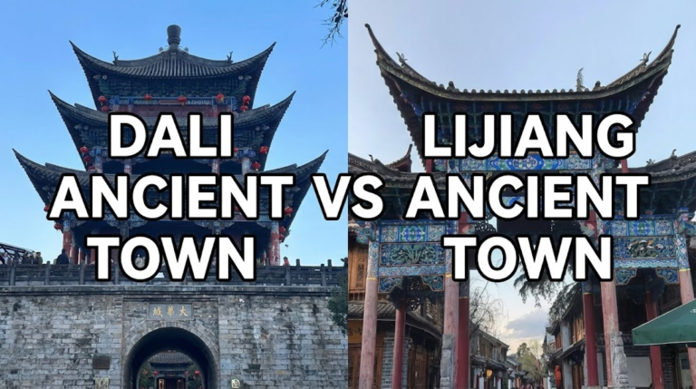 A side-by-side travel comparison of two famous ancient towns in Yunnan, China. Left: The majestic stone South Gate of Dali Ancient Town. Right: The colorful, ornate wooden entrance archway of Lijiang Ancient Town. Text overlay reads "Dali Ancient Town vs Lijiang Ancient Town."
