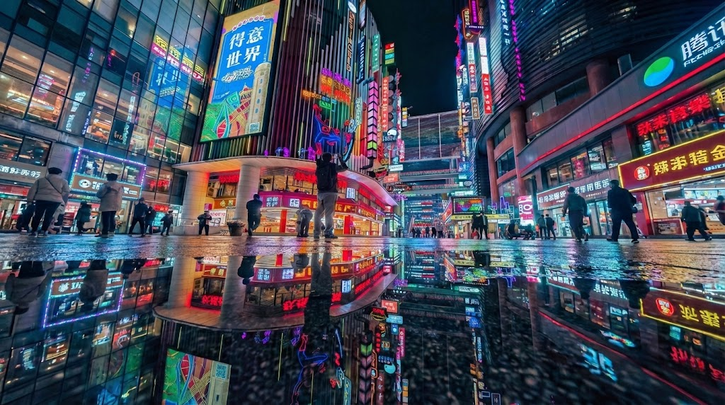 Neon-lit streets of Chongqing night market 2026.