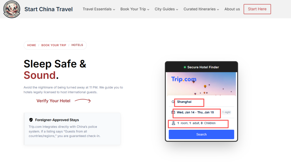 Foreigner-friendly hotels in China search widget on Trip.com 2026