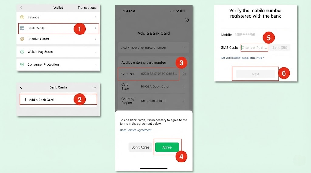 Step-by-step screenshots showing how to add an international bank card to WeChat Pay for foreigners, from selecting 'Add a Bank Card' to entering card details and SMS verification code.