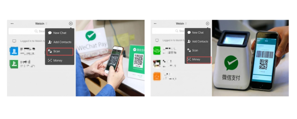 Split-screen comparison showing the difference between Active Scan (scanning a merchant's QR code) and Passive Scan (merchant scans your barcode) when using WeChat Pay for foreigners.