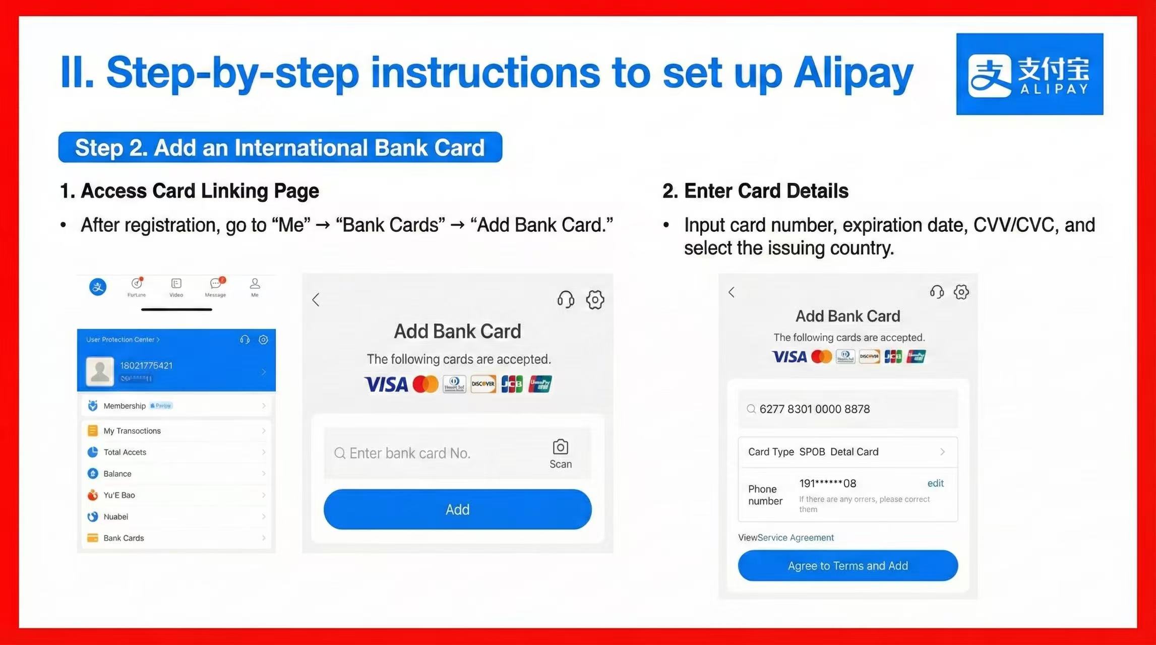 How to add international bank card to Alipay: Access Bank Cards page, enter card details (number, expiry, CVV)