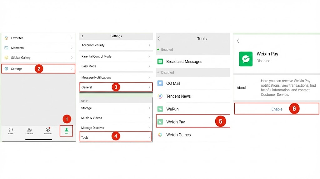 Step-by-step screenshots showing how to manually enable the hidden Weixin Pay function in settings, a crucial troubleshooting step for WeChat Pay for foreigners using the international app version.