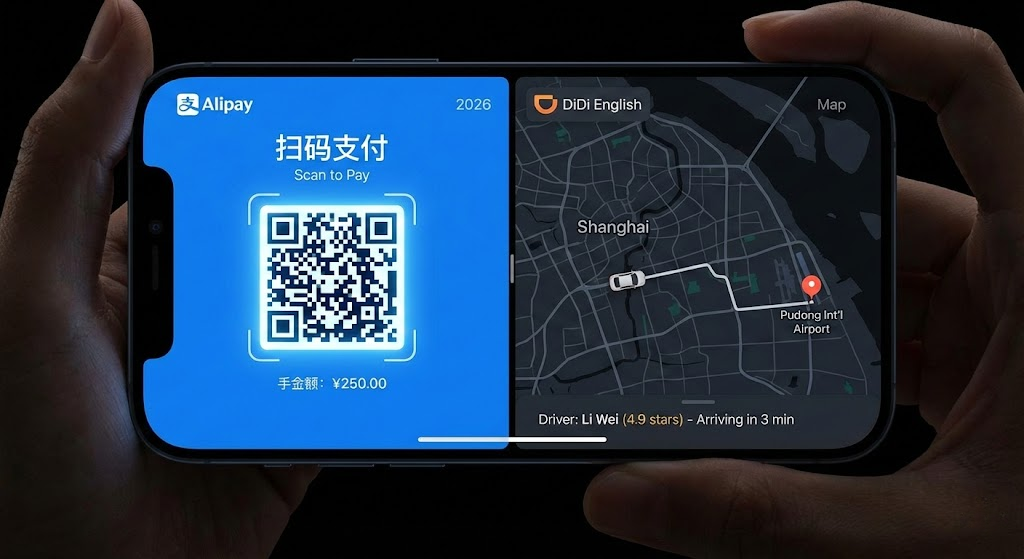 China 2026 First Hour App Setup showing Alipay payment code and DiDi interface.