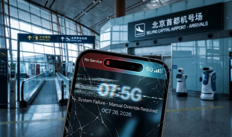China 2026 eSIM 5G connection at Beijing Capital Airport on smartphone.