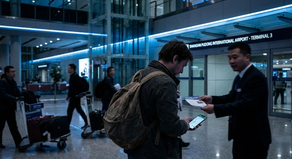 China 2026 Airport Arrival: Traveler using DiDi app to avoid illegal touts at Shanghai Pudong