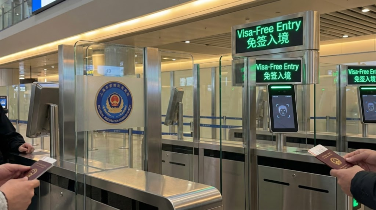 Biometric immigration gates in China under 2026 visa-free rules.