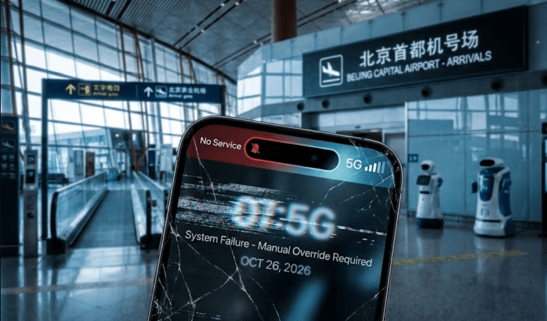 hina 2026 eSIM 5G connection at Beijing Capital Airport on smartphone.