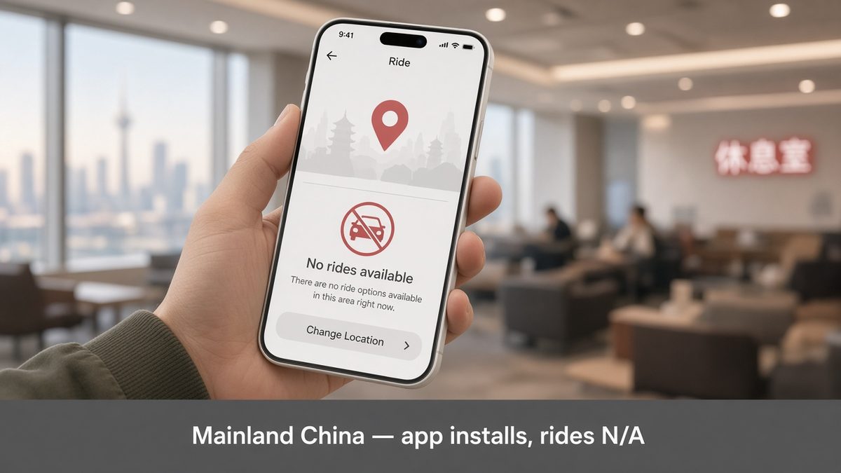 Editorial illustration of a phone showing no rides available for mainland China ride-hailing