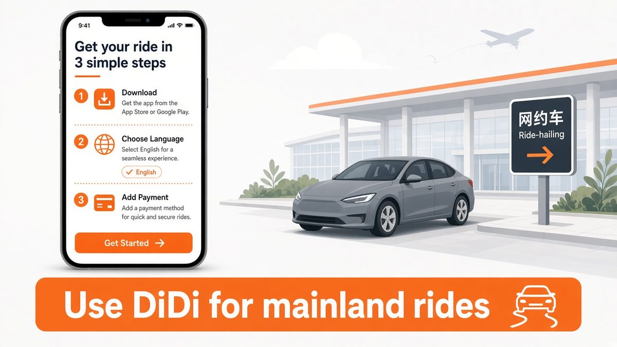 Editorial illustration of DiDi-style app setup steps and airport ride-hailing pickup for foreigners