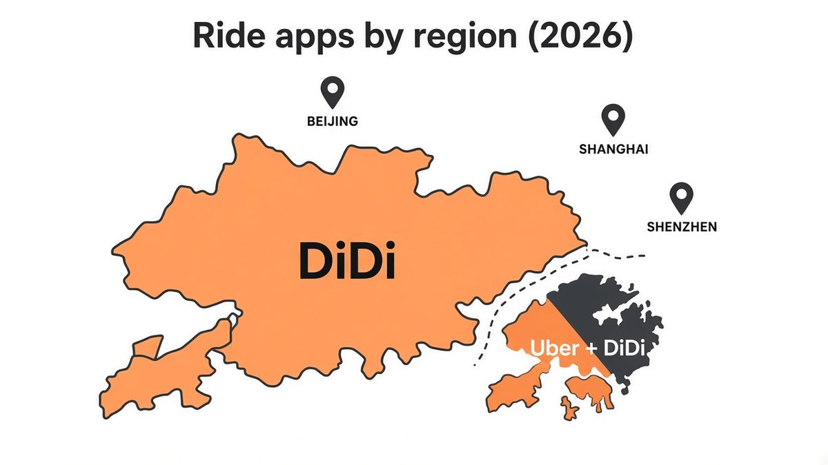 Flat map graphic: DiDi on mainland China, Uber and DiDi in Hong Kong